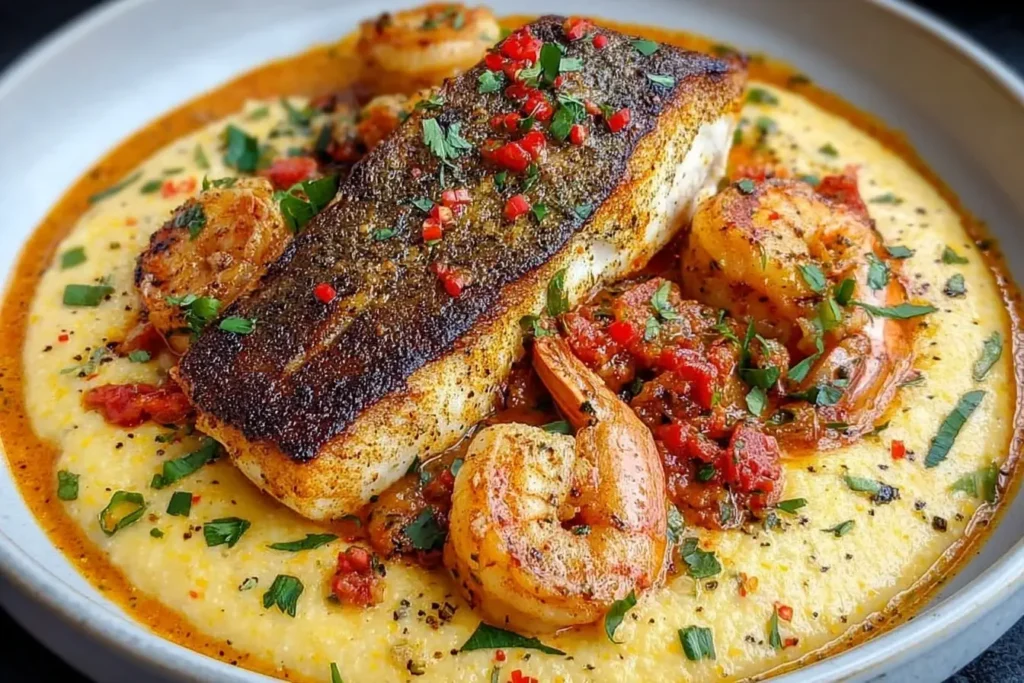 Red Snapper Shrimp Grits Cajun with blackened snapper, seasoned shrimp, and creamy Southern grits topped with herbs and peppers.
