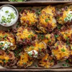 Jalapeno Popper Smashed Potatoes topped with cheese, bacon, and green onions, served with a side of sour cream dip.