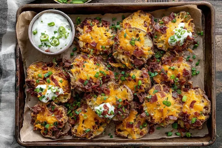 Jalapeno Popper Smashed Potatoes topped with cheese, bacon, and green onions, served with a side of sour cream dip.