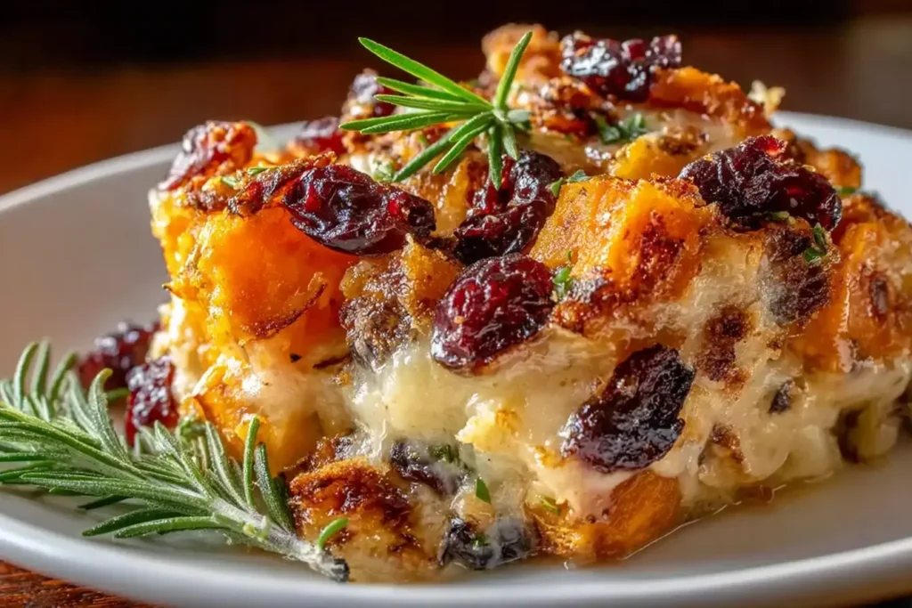 Sweet Potato and Cranberry Gratin with caramelized sweet potatoes, melted cheese, tart cranberries, and fresh rosemary on a serving plate.