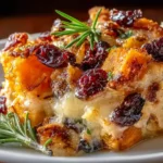 Sweet Potato and Cranberry Gratin with caramelized sweet potatoes, melted cheese, tart cranberries, and fresh rosemary on a serving plate.