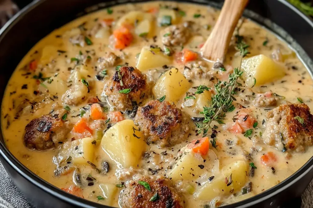 Creamy Potato and Sausage Chowder with browned sausage pieces, tender potatoes, carrots, and fresh herbs in a hearty soup pot.