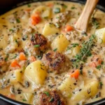 Creamy Potato and Sausage Chowder with browned sausage pieces, tender potatoes, carrots, and fresh herbs in a hearty soup pot.