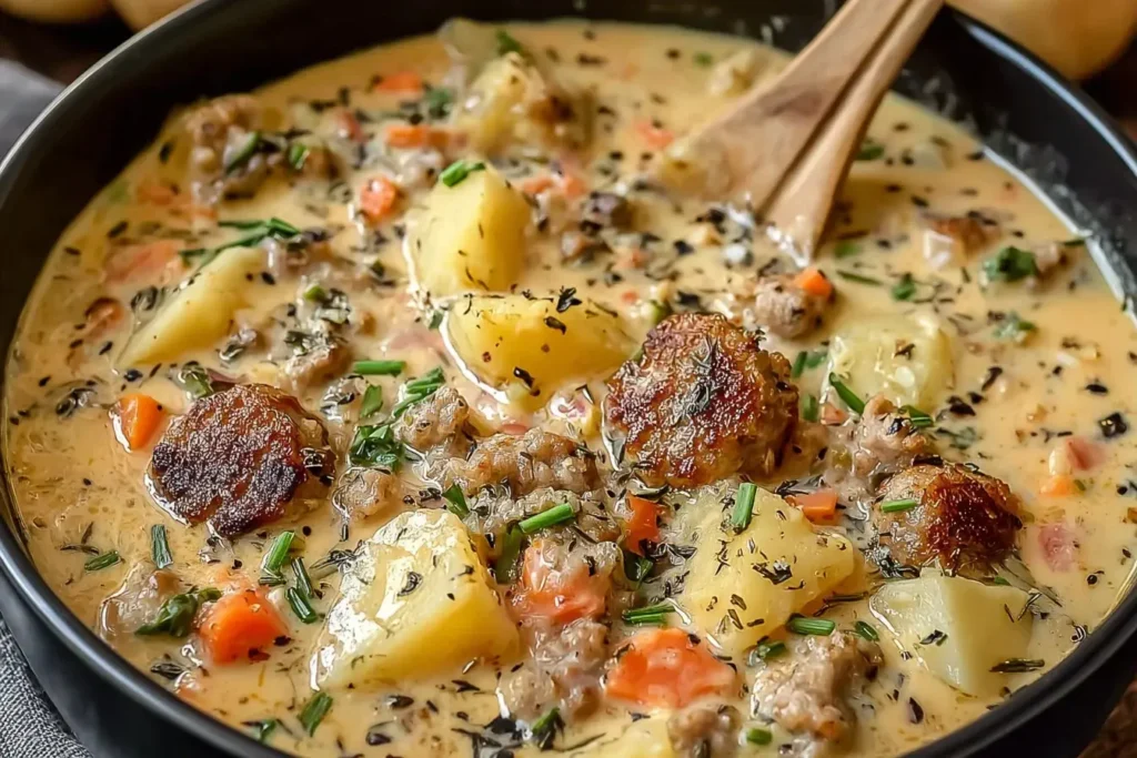 Creamy Potato and Sausage Chowder filled with tender potatoes, browned sausage, carrots, and herbs in a rich, comforting broth.