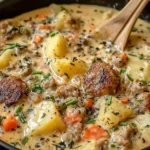 Creamy Potato and Sausage Chowder filled with tender potatoes, browned sausage, carrots, and herbs in a rich, comforting broth.