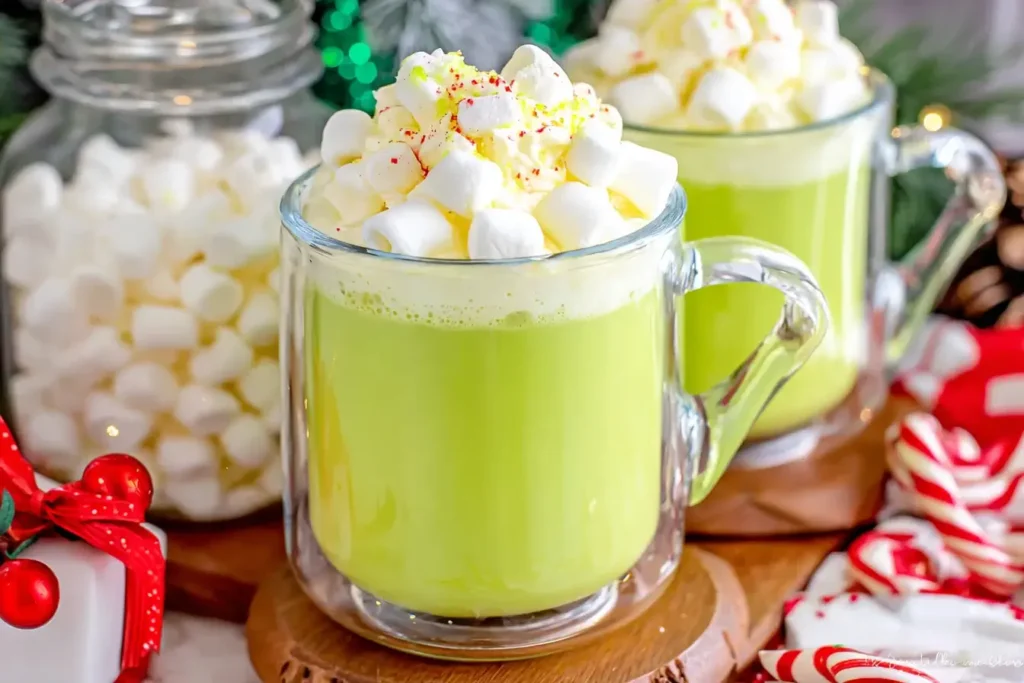 Glass mug of creamy green Grinch Hot Chocolate topped with whipped cream and mini marshmallows on a festive holiday table.