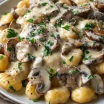 Mushroom Gnocchi with Parmesan Cream Sauce, garnished with fresh parsley and black pepper.