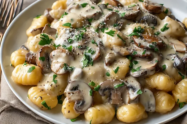 Mushroom Gnocchi with Parmesan Cream Sauce, garnished with fresh parsley and black pepper.