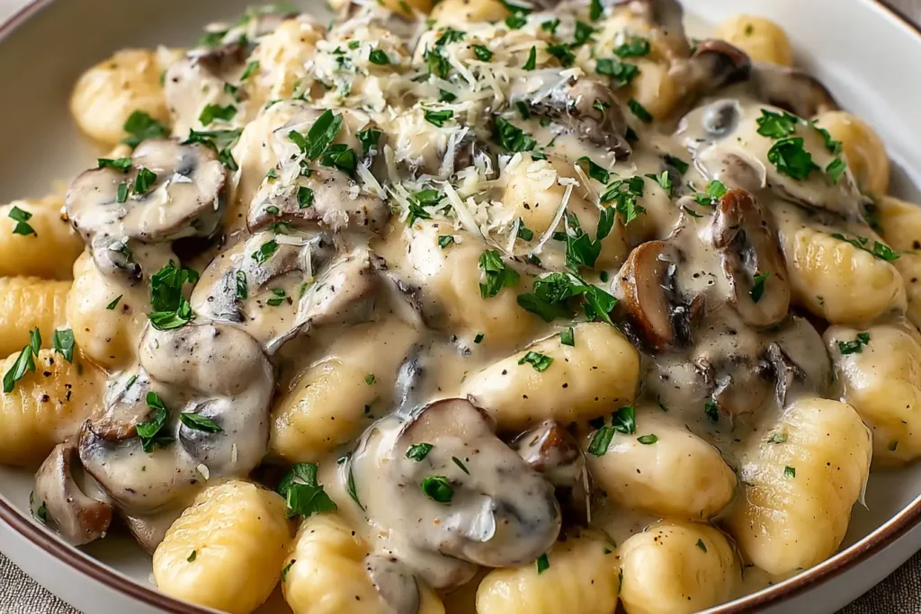 Mushroom Gnocchi with Parmesan Cream Sauce topped with fresh parsley and Parmesan cheese.