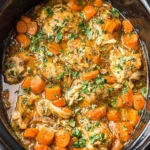 Slow-cooked Crockpot Chicken Thigh Pot Roast with tender chicken, carrots, herbs, and rich broth inside a black slow cooker.