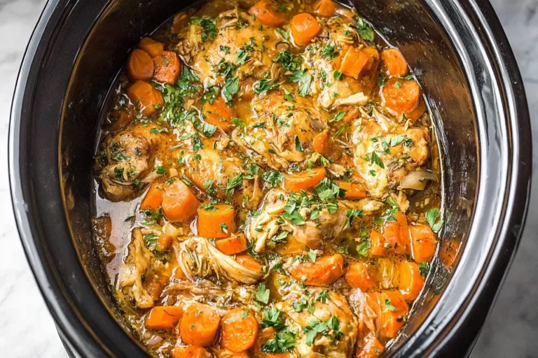 Slow-cooked Crockpot Chicken Thigh Pot Roast with tender chicken, carrots, herbs, and rich broth inside a black slow cooker.