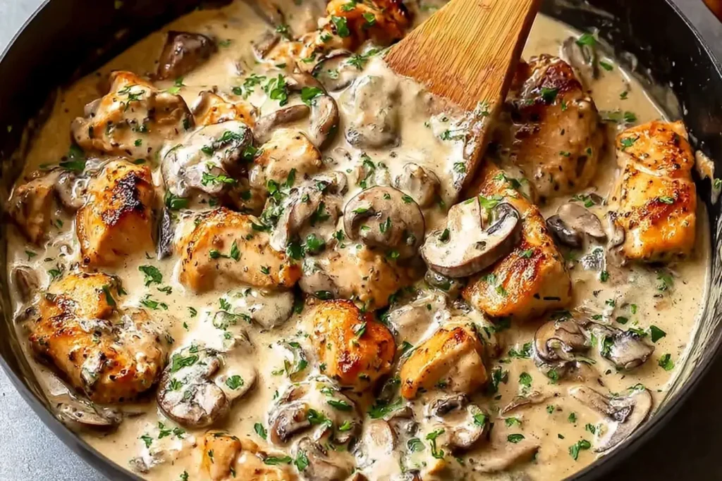 Skillet of Rich Chicken Stroganoff with golden chicken, mushrooms, and creamy sauce being stirred with a wooden spoon.