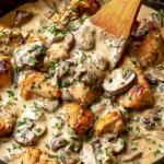 Skillet of Rich Chicken Stroganoff with golden chicken, mushrooms, and creamy sauce being stirred with a wooden spoon.