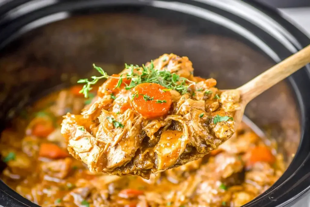 Crockpot Chicken Thigh Pot Roast with tender shredded chicken, carrots, and rich gravy being scooped from a slow cooker.