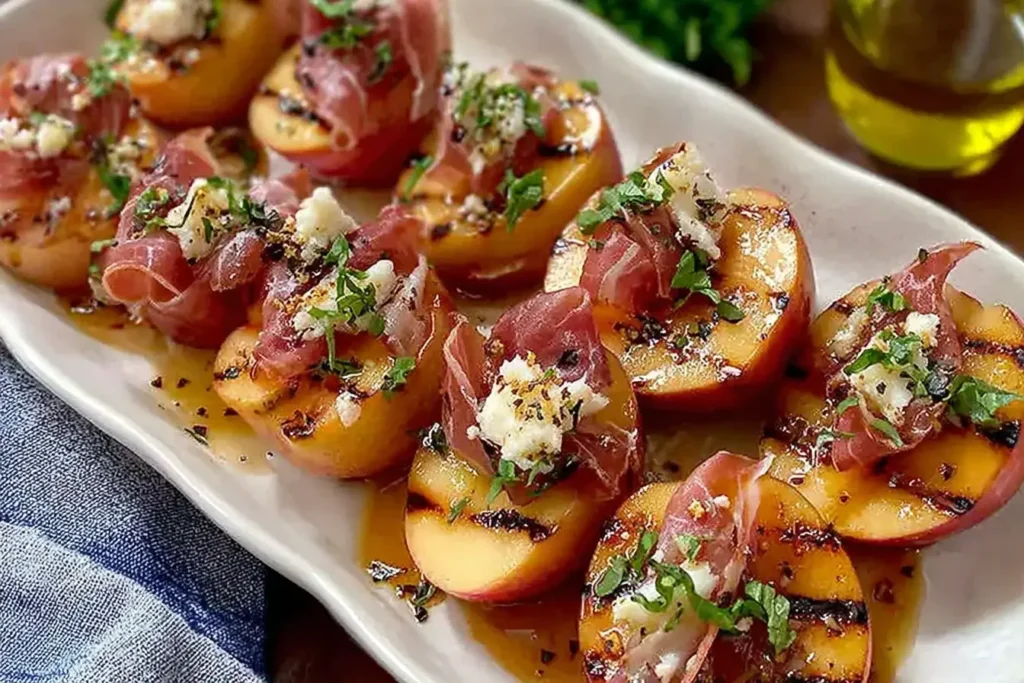 Grilled Apples with Prosciutto and Honey topped with creamy goat cheese, fresh herbs, and a golden honey drizzle on a white serving platter.