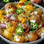 Jalapeno Popper Roasted Potato Salad with baby potatoes, fresh jalapeños, cheddar, bacon, and creamy dressing served in a bowl.