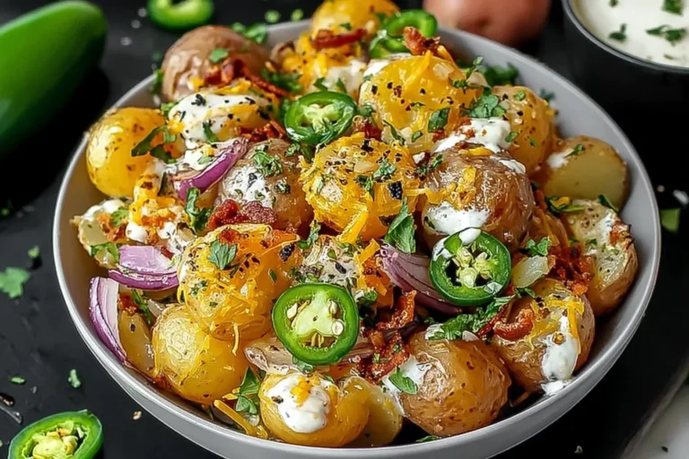 Jalapeno Popper Roasted Potato Salad with baby potatoes, fresh jalapeños, cheddar, bacon, and creamy dressing served in a bowl.