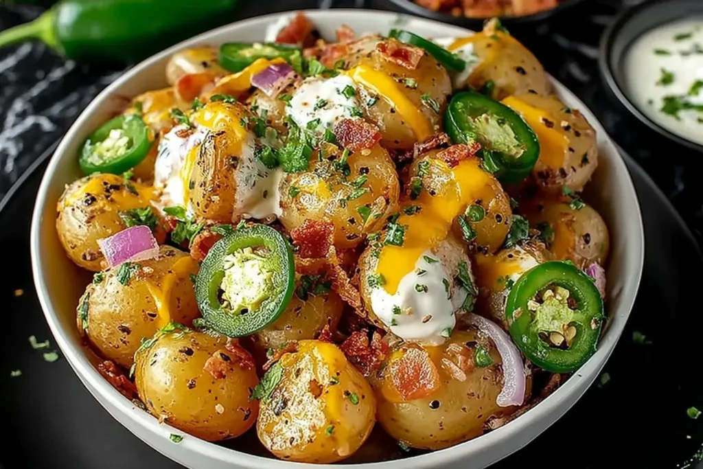 Jalapeno Popper Roasted Potato Salad topped with cheddar, jalapeño slices, bacon, and creamy dressing in a white bowl.