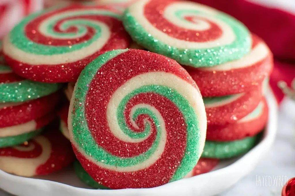 Sparkling Christmas Pinwheel Cookies with red and green swirls stacked on a plate.
