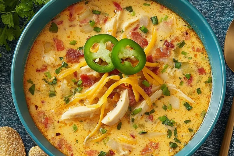 Spicy Jalapeño Popper Chicken Soup in a blue bowl topped with cheddar, crispy bacon, and fresh jalapeño slices.