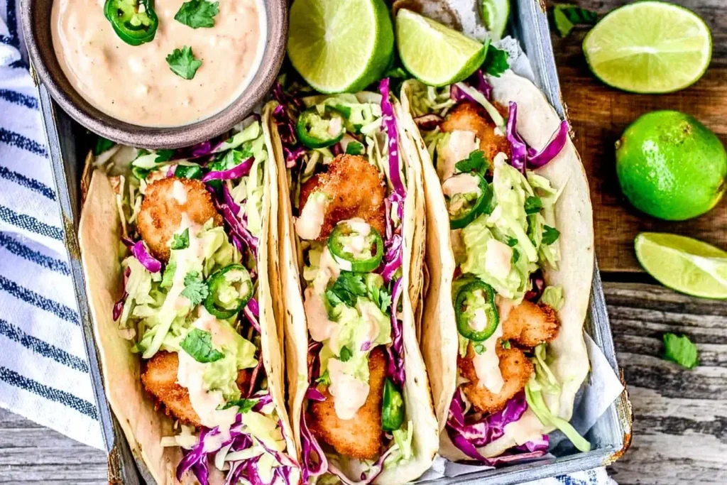 Baja Fish Tacos topped with fresh cabbage slaw, jalapeño slices, and chipotle mayo, served with lime wedges.