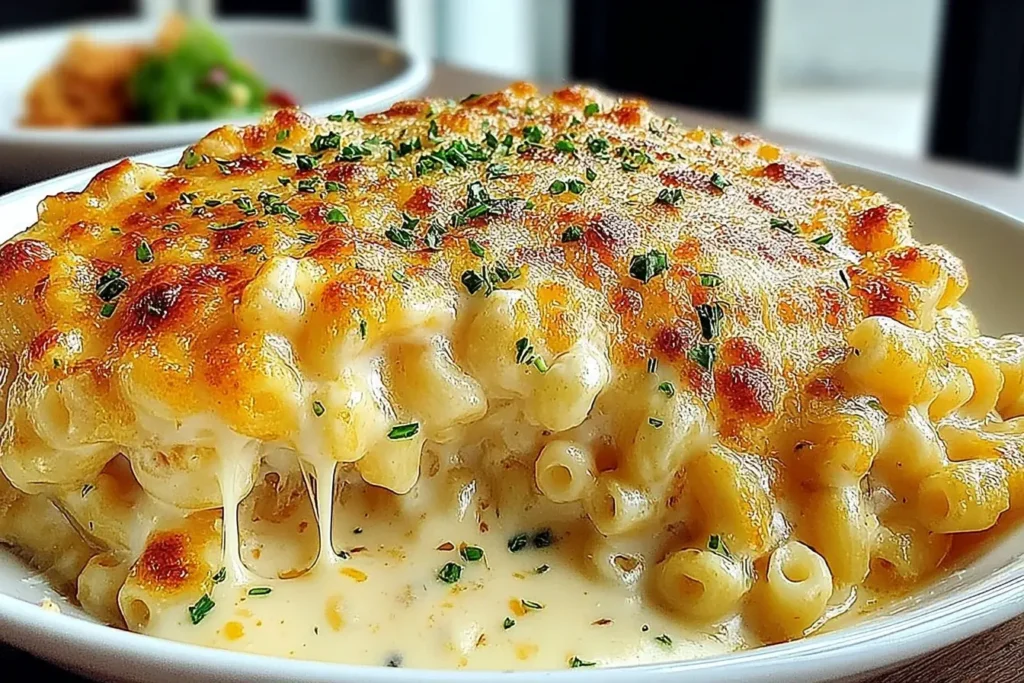 Chick-fil-A Mac and Cheese with a golden melted cheese crust and creamy sauce stretching from the noodles.