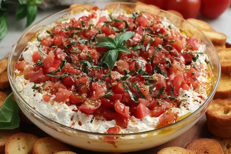 Bruschetta Dip topped with fresh diced tomatoes, basil, and creamy cheese served with toasted baguette slices.