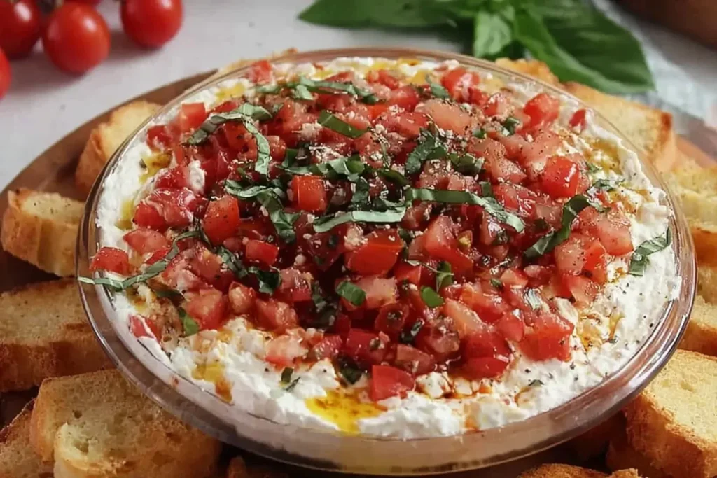 Bruschetta Dip layered with creamy cheese, diced tomatoes, and fresh basil served with toasted baguette slices.