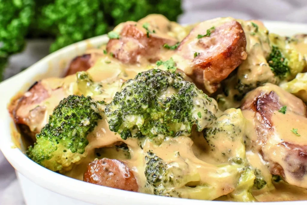 Keto Broccoli and Cauliflower With Sausage baked in a creamy cheddar sauce with tender veggies and golden sausage slices.