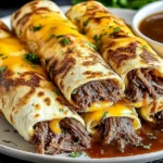 French Dip Tortilla Roll Ups filled with tender shredded beef, melted cheese, and crispy tortillas served with rich au jus on a plate.