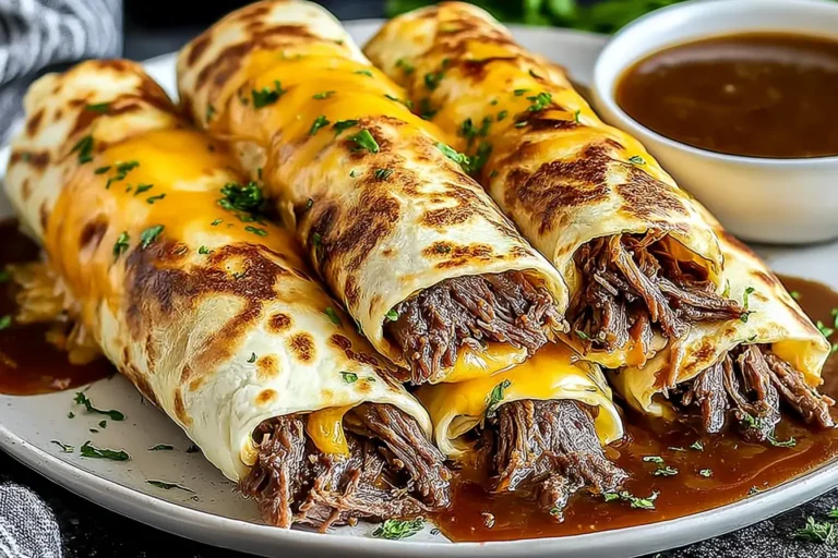 French Dip Tortilla Roll Ups filled with tender shredded beef, melted cheese, and crispy tortillas served with rich au jus on a plate.