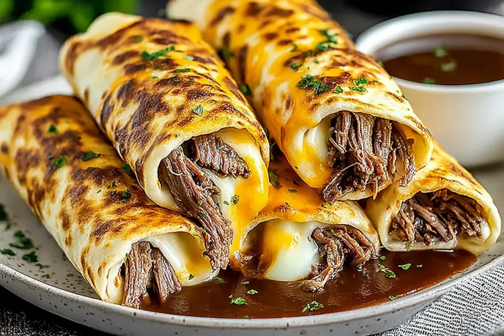 French Dip Tortilla Roll Ups filled with tender shredded beef and melted cheese, served over rich au jus for dipping.