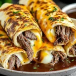 French Dip Tortilla Roll Ups filled with tender shredded beef and melted cheese, served over rich au jus for dipping.