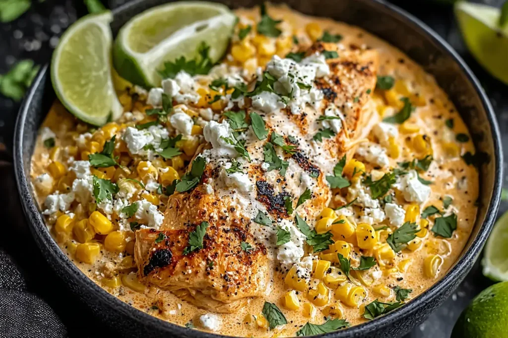 Slow Cooker Street Corn Chicken topped with cotija cheese, cilantro, and creamy sauce served with lime wedges.