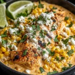 Slow Cooker Street Corn Chicken topped with cotija cheese, cilantro, and creamy sauce served with lime wedges.