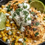 Creamy Slow Cooker Street Corn Chicken topped with cotija cheese, cilantro, and lime wedges in a bowl.