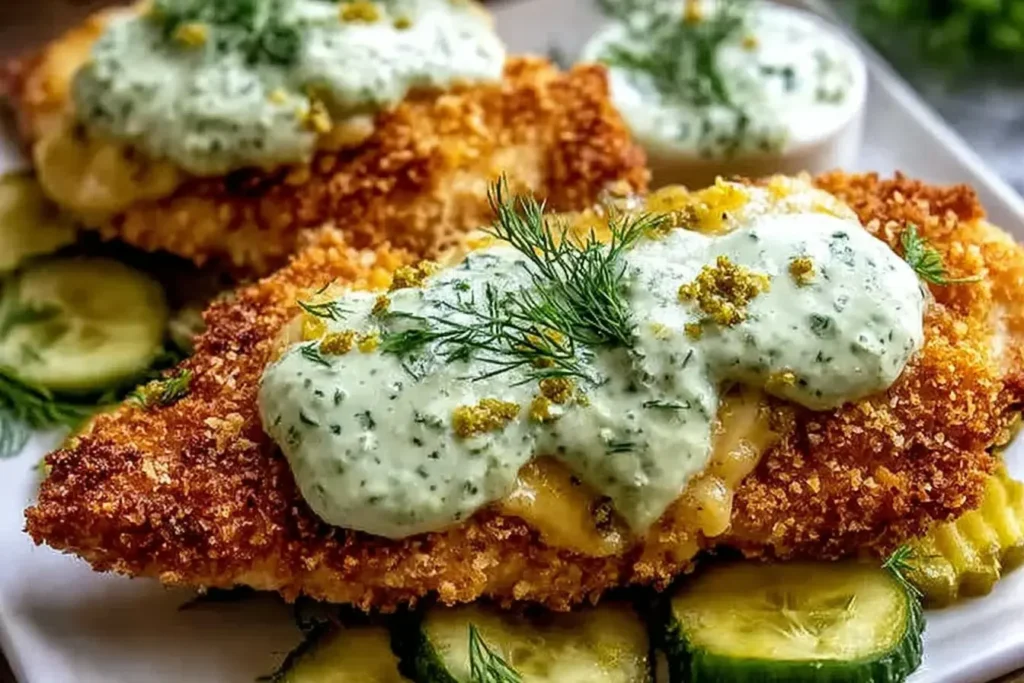 Crispy Dill Pickle Parmesan Chicken topped with creamy dill sauce and fresh herbs served over sliced pickles.