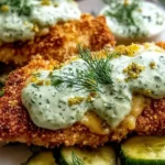 Crispy Dill Pickle Parmesan Chicken topped with creamy dill sauce and fresh herbs served over sliced pickles.