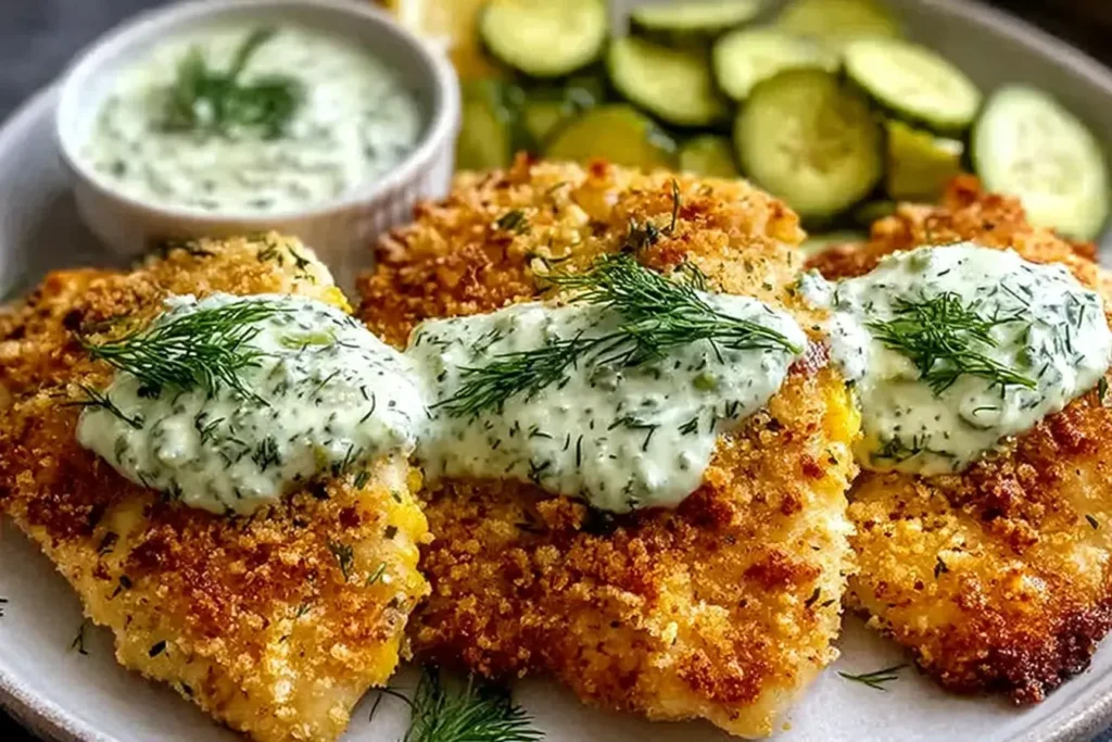 Crispy Dill Pickle Parmesan Chicken with golden breadcrumb coating, topped with creamy dill sauce and fresh herbs, served with sliced cucumbers.