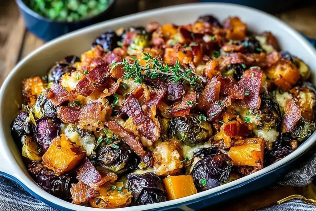 Maple Butternut Brussels Bacon roasted with crispy bacon, caramelized Brussels sprouts, and tender butternut squash in a savory maple glaze.