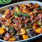 Maple Butternut Brussels Bacon roasted with crispy bacon, caramelized Brussels sprouts, and tender butternut squash in a savory maple glaze.