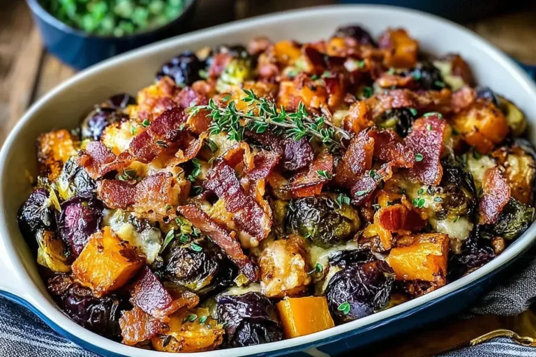 Maple Butternut Brussels Bacon roasted with crispy bacon, caramelized Brussels sprouts, and tender butternut squash in a savory maple glaze.