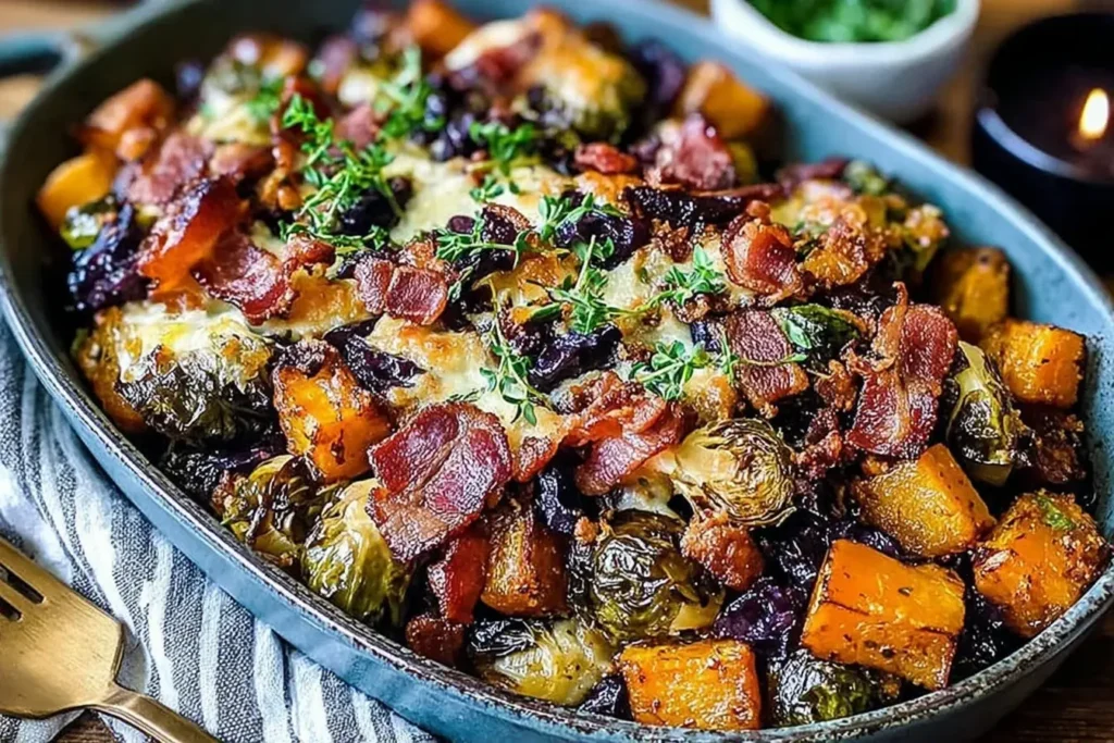 Maple Butternut Brussels Bacon with roasted Brussels sprouts, caramelized butternut squash, and crispy bacon in a rich maple glaze.