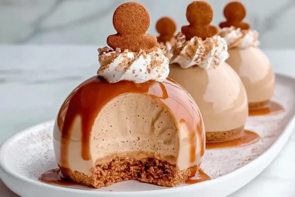 Close-up of Gingerbread Latte Mousse Domes with a clean cut showing creamy mousse inside, topped with whipped cream and a gingerbread cookie