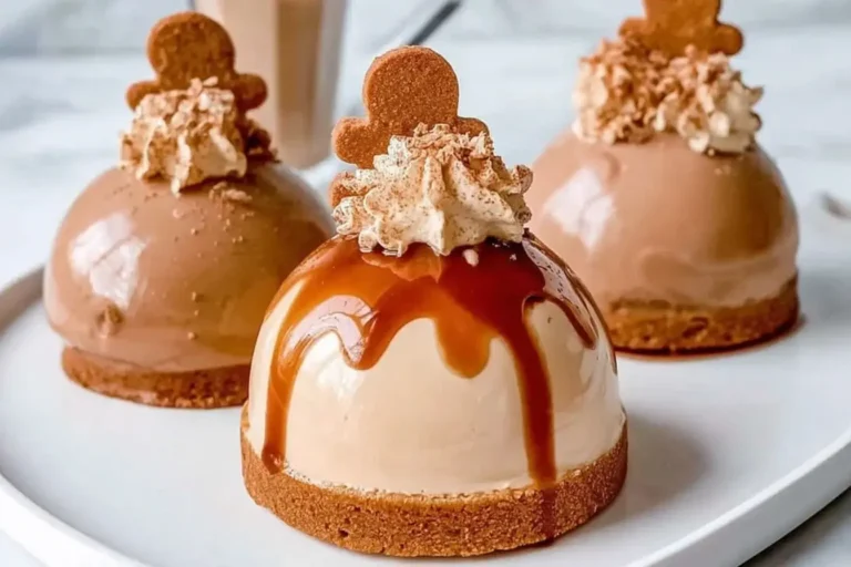 Close-up of Gingerbread Latte Mousse Domes topped with whipped cream and gingerbread cookies, featuring glossy glaze and a spiced cookie base