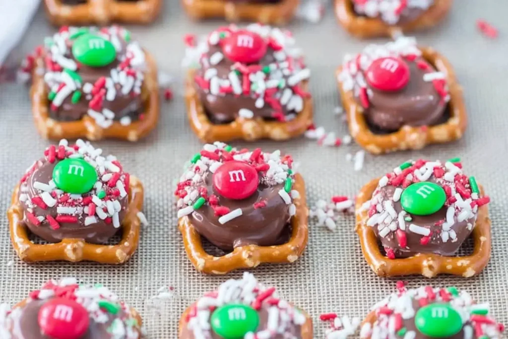 Rolo Pretzels with M&M Candies topped with festive sprinkles arranged on a baking sheet.