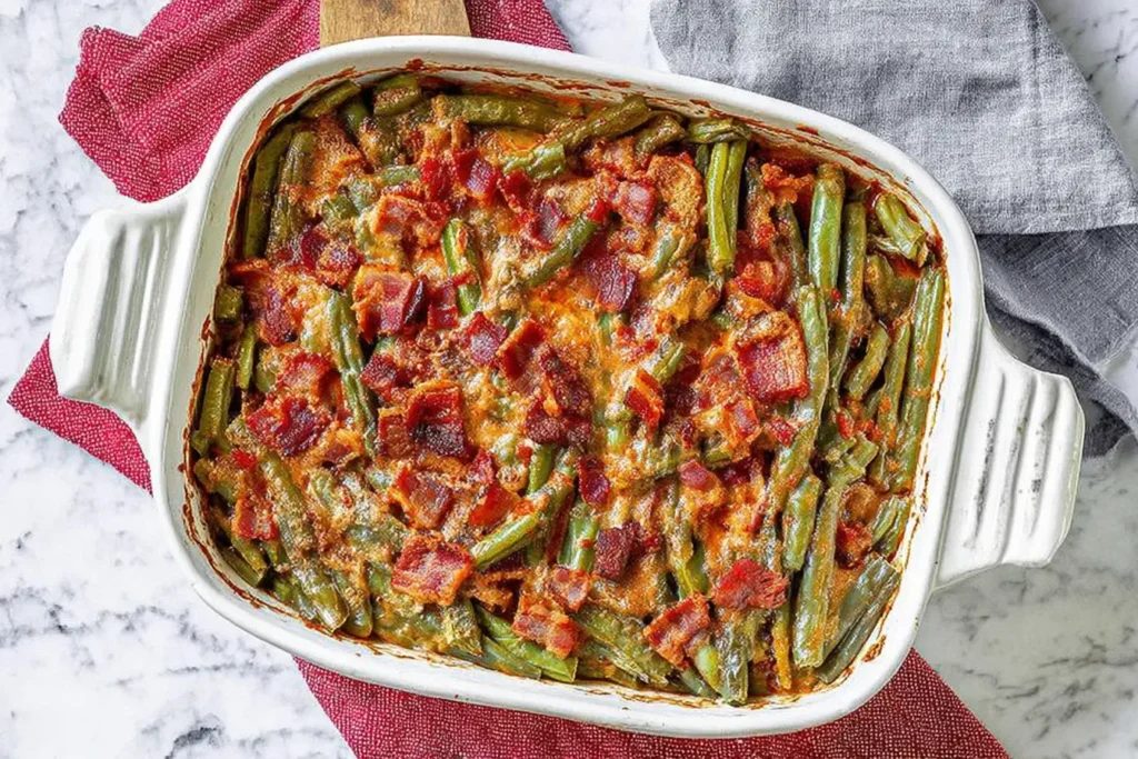 Crack Green Beans baked with crispy bacon and brown sugar glaze in a white casserole dish.