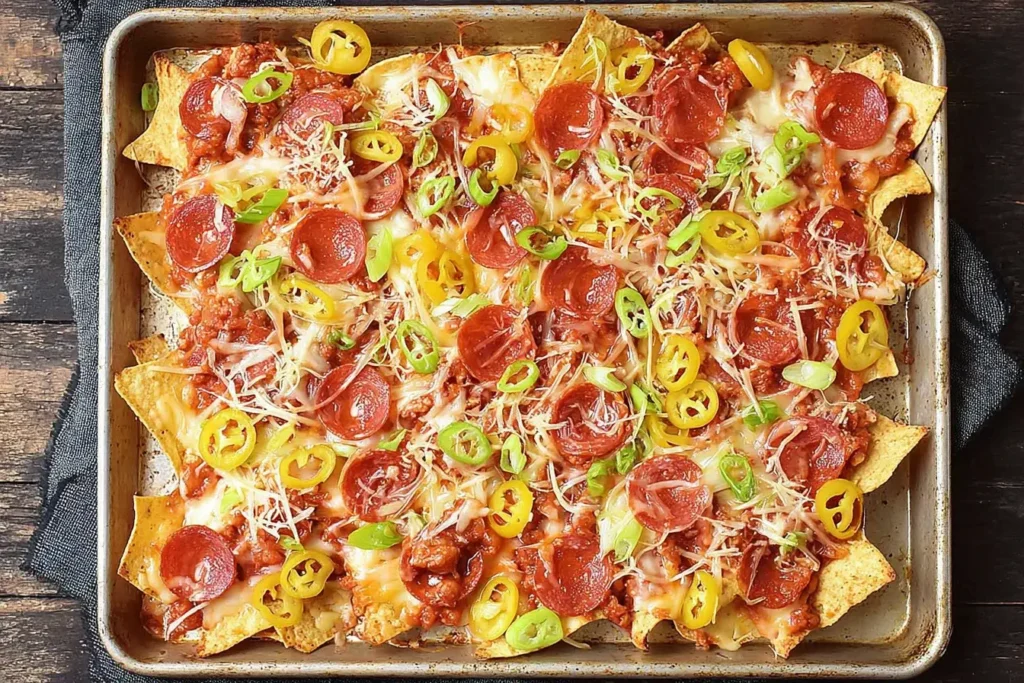 Old Chicago’s Italian Nachos Copycat topped with pepperoni, sausage, jalapeños, and melted cheese on crispy tortilla chips.