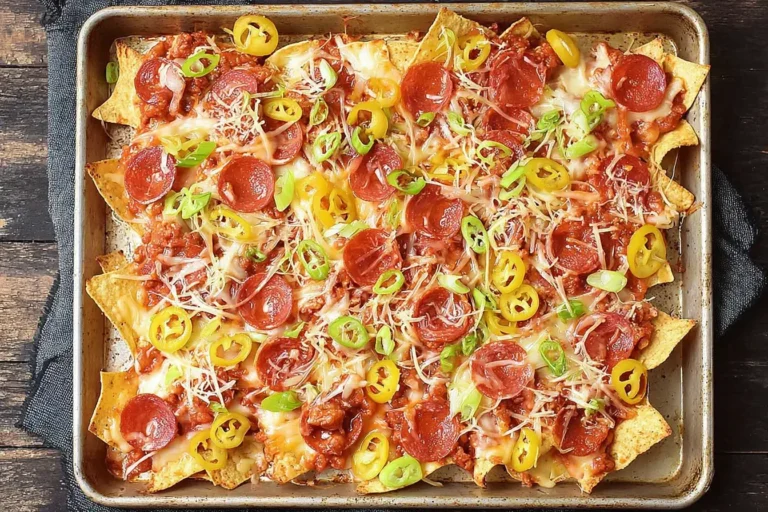 Old Chicago’s Italian Nachos Copycat topped with pepperoni, sausage, jalapeños, and melted cheese on crispy tortilla chips.