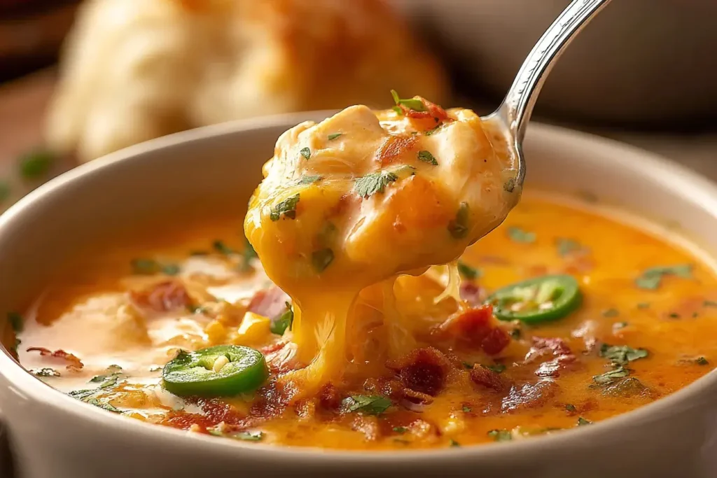 Cheesy spoonful of Spicy Jalapeño Popper Chicken Soup lifted from a bowl with melted cheese, bacon, and jalapeño slices.
